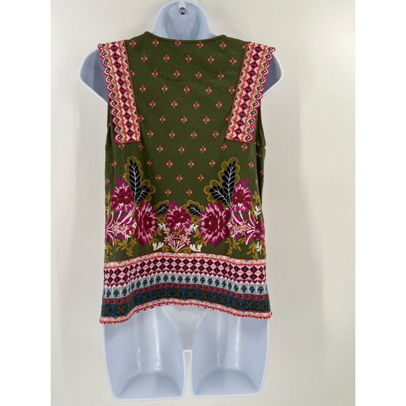 Anthropologie S Green Floral Embroidered Sigrid Tank Top Tie Neck Ruffle Boho - Picture 2 of 9